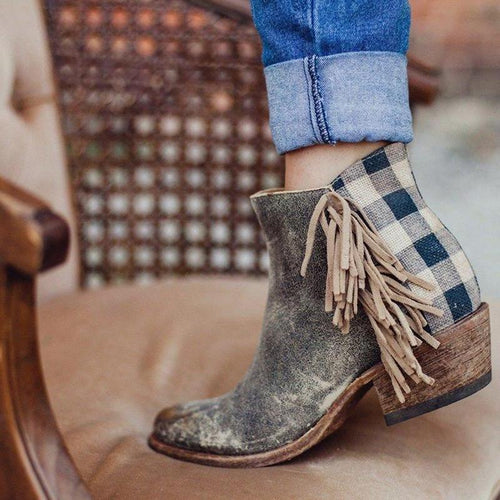 Retro Tassel Side Checked Back Zipper Boot