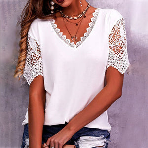 Women's Lace Patchwork Loose V-Neck Short Sleeve T-Shirt