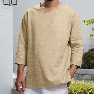 Men's Long-sleeved V-neck Linen Loose T-Shirt