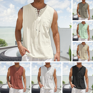 Lace-up Cotton and Linen T-shirt