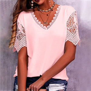 Women's Lace Patchwork Loose V-Neck Short Sleeve T-Shirt