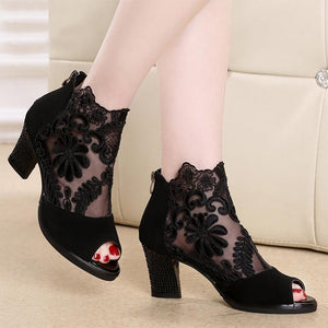 Lace Mesh Insert Chunky Heeled Boots