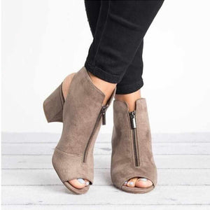 Women Zipper Peep Toe Square High Heel Shoes