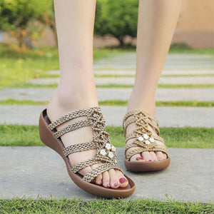 Hollow Out Weave Opened Toe Rhinestone Wedges Slippers