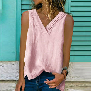 Sleeveless Solid Cotton Linen T-Shirt