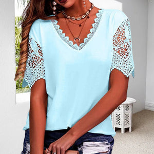 Women's Lace Patchwork Loose V-Neck Short Sleeve T-Shirt