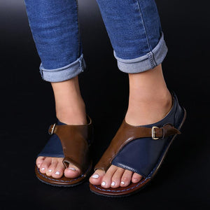 Women Retro Color Splicing Buckle Flip Flops Flat Sandals