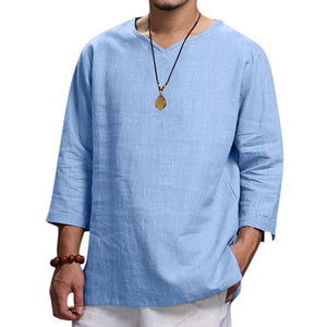 Men's Long-sleeved V-neck Linen Loose T-Shirt