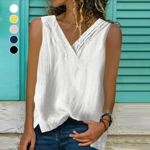 Sleeveless Solid Cotton Linen T-Shirt