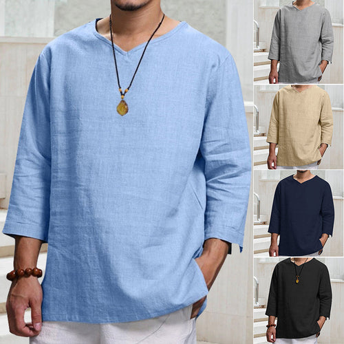 Men's Long-sleeved V-neck Linen Loose T-Shirt