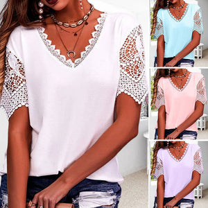 Women's Lace Patchwork Loose V-Neck Short Sleeve T-Shirt